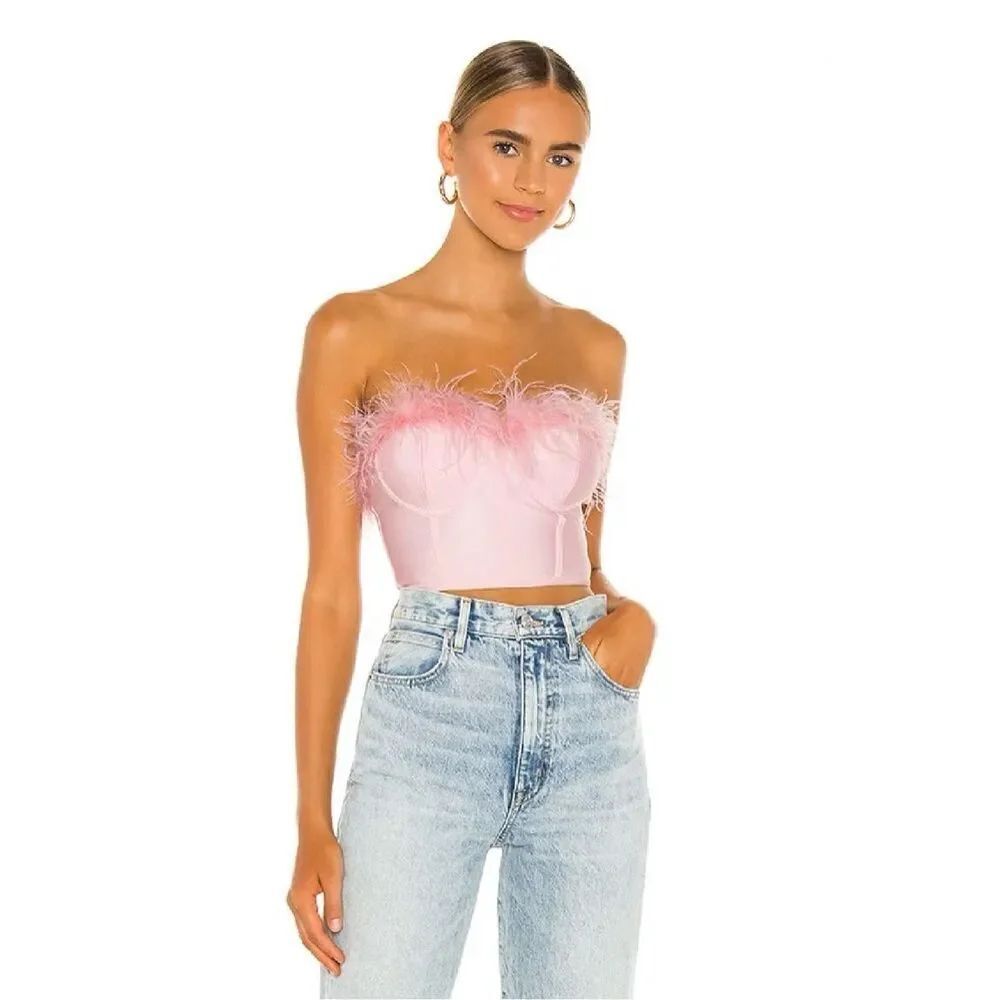 Superdown Ramona Feather Trim Bustier Top in Blush Pink